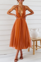 Thalia Exclusive Casual Solid Mesh V Neck Cake Skirt Dresses (4 Colors) Chic Silhouette Collection