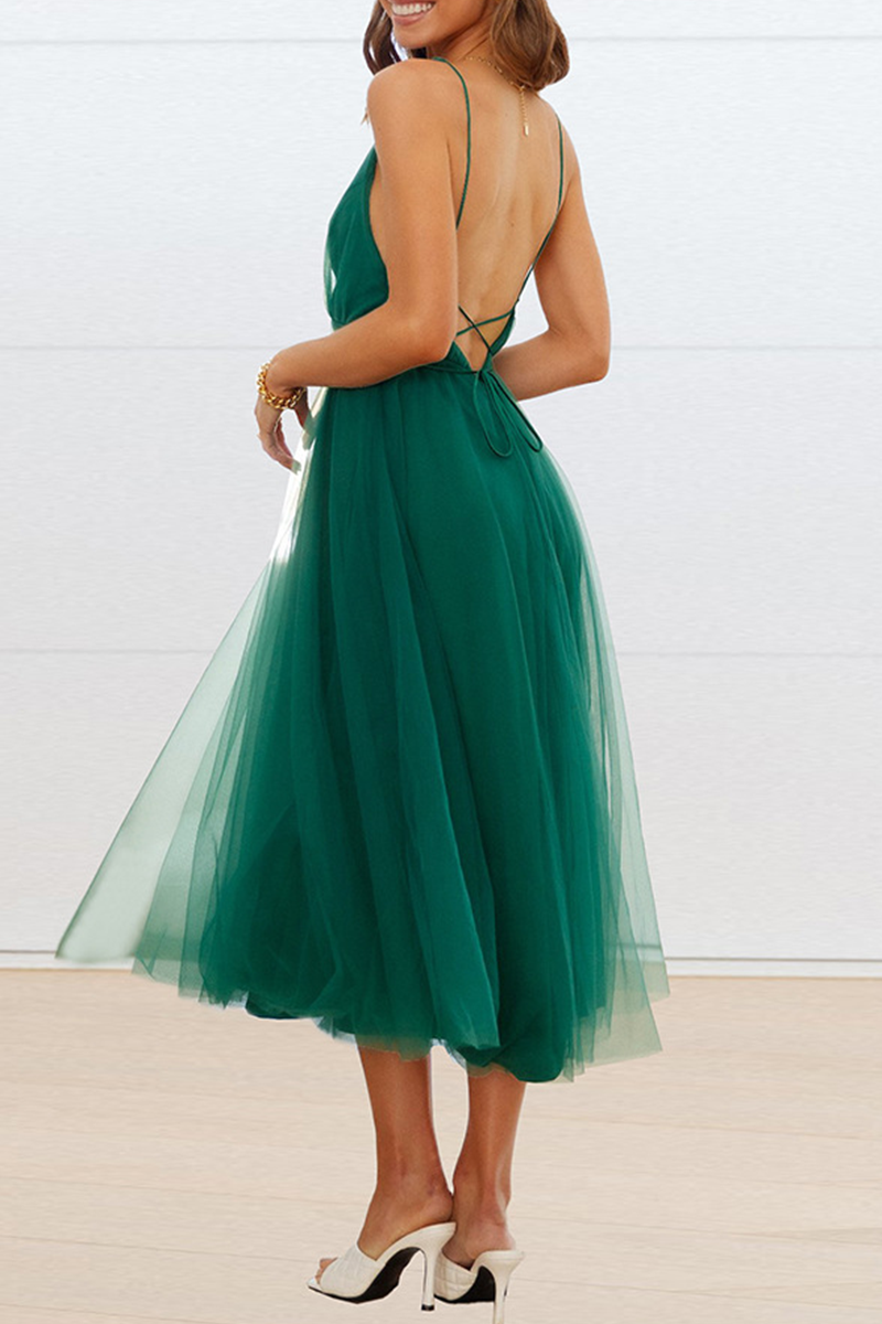 Thalia Exclusive Casual Solid Mesh V Neck Cake Skirt Dresses (4 Colors) Chic Silhouette Collection