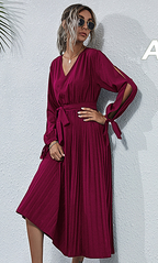 Josefa Satin Pleated Midi Dress Wine FINAL