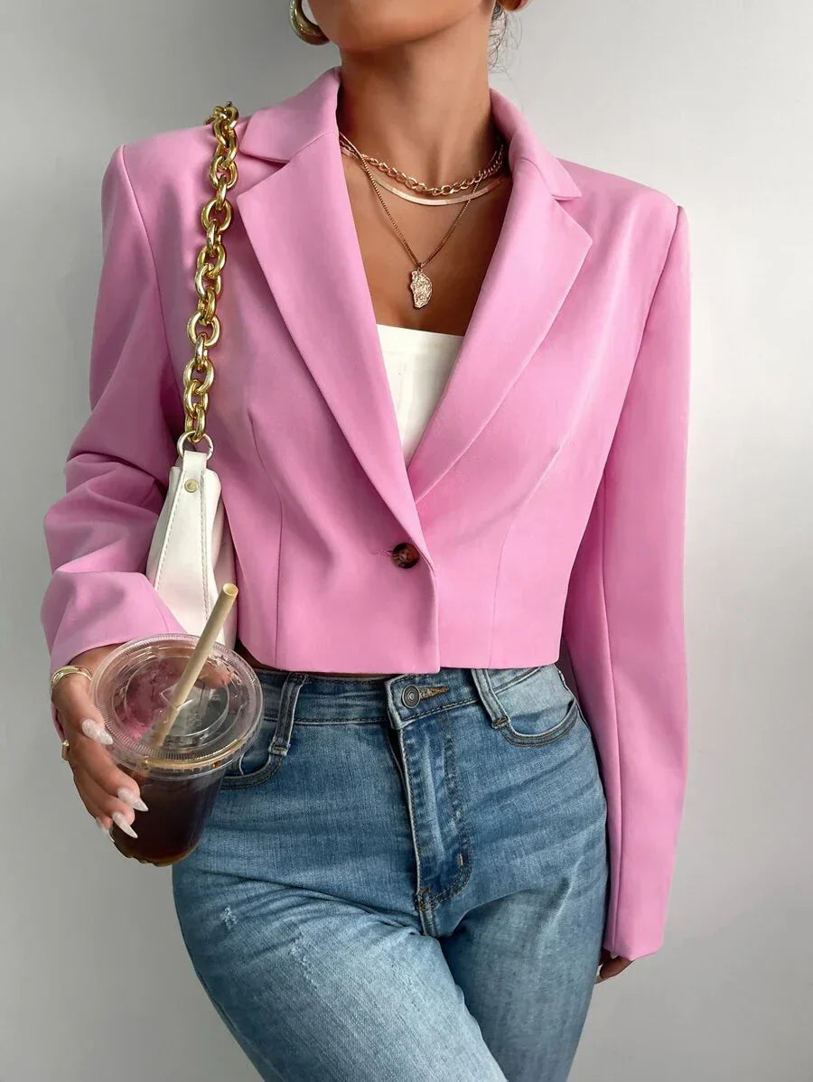 Lapel Neck Single Button Blazer Luxe Woven Crop Fit