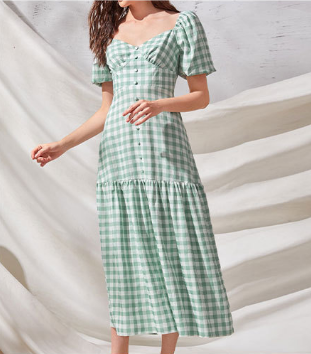 Rye Puff Sleeve Gingham Midi Dress Hunter Green