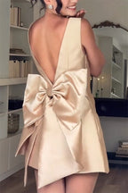 Daisy Premium Satin Mini Dress with Oversized Bow Detail and Square Neckline Wardrobe Essential