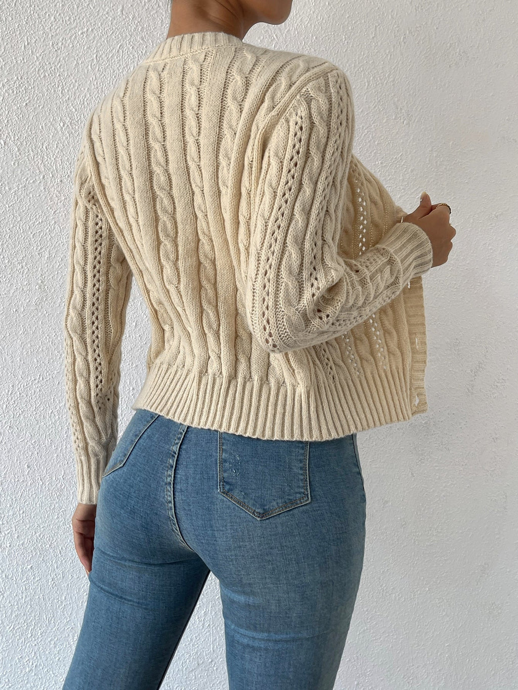 Apricot Eyelet Cable Knit Cardigan Long Sleeve