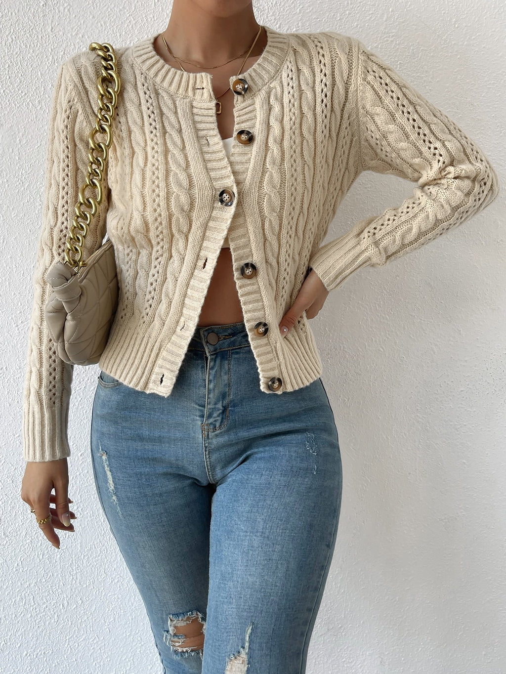 Apricot Eyelet Cable Knit Cardigan Long Sleeve