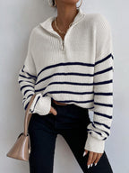 Autumn Striped Zip Up Drop Shoulder Long Sleeve Pullover