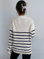 Autumn Striped Zip Up Drop Shoulder Long Sleeve Pullover