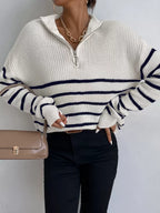 Autumn Striped Zip Up Drop Shoulder Long Sleeve Pullover