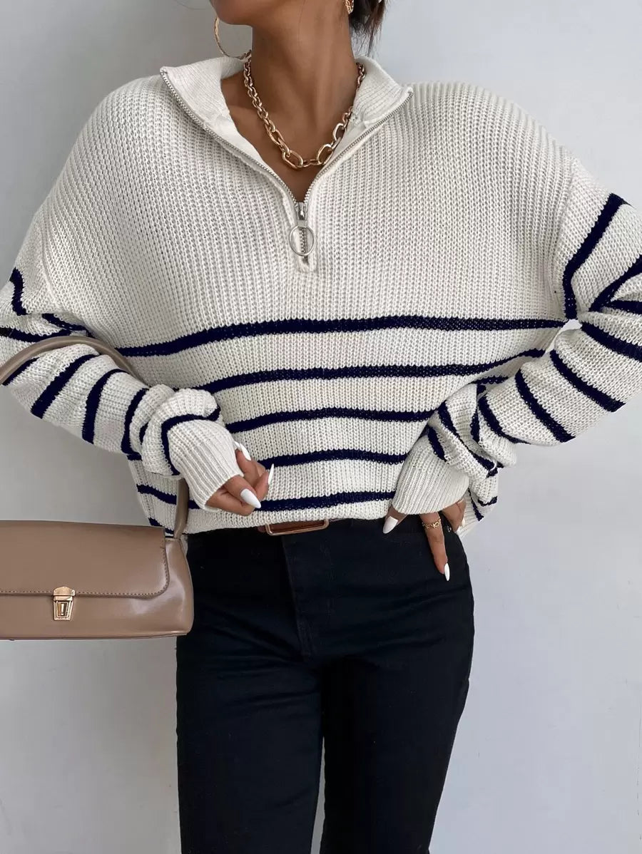 Autumn Striped Zip Up Drop Shoulder Long Sleeve Pullover