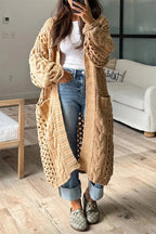 Knit Cable Cotout Long Sleeve Pocket Oversized Midi Cardigan