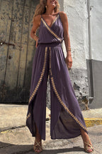 Tamia Gold Trim Elastic Waist Slit Wide Leg Slip Jumpsuit