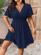 Plus Size V Neck Ruffle Dress With Cinched Waist Fit