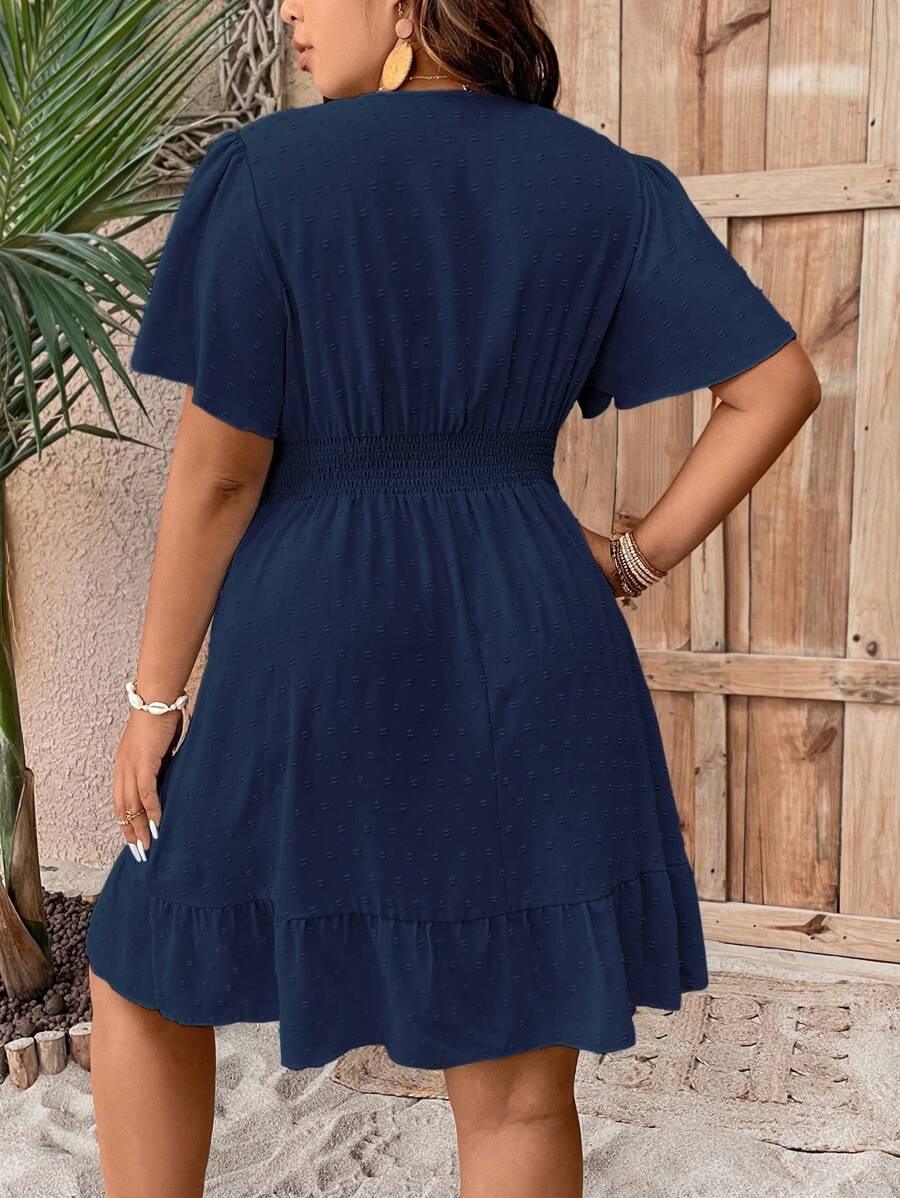 Plus Size V Neck Ruffle Dress With Cinched Waist Fit