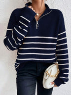 Autumn Striped Zip Up Drop Shoulder Long Sleeve Pullover