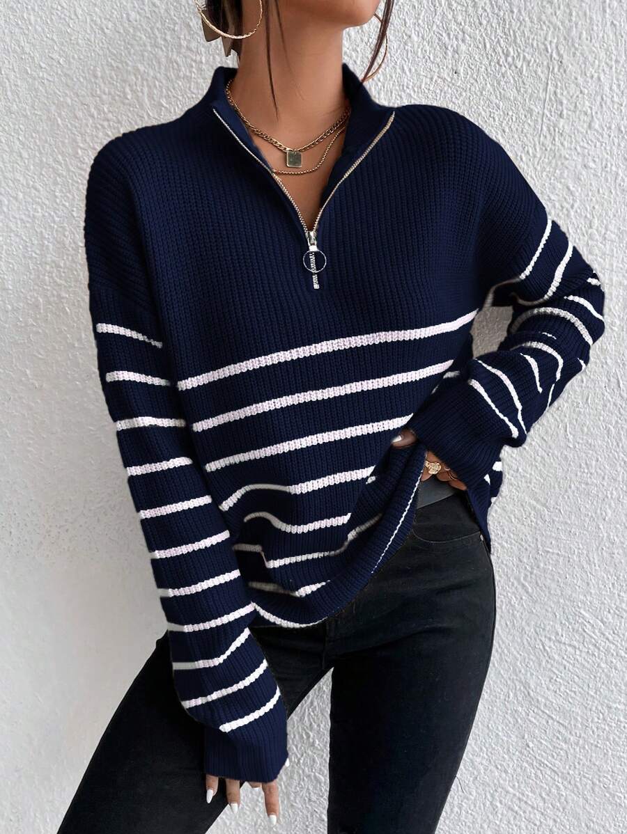 Autumn Striped Zip Up Drop Shoulder Long Sleeve Pullover