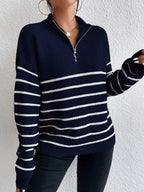 Autumn Striped Zip Up Drop Shoulder Long Sleeve Pullover