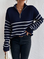 Autumn Striped Zip Up Drop Shoulder Long Sleeve Pullover