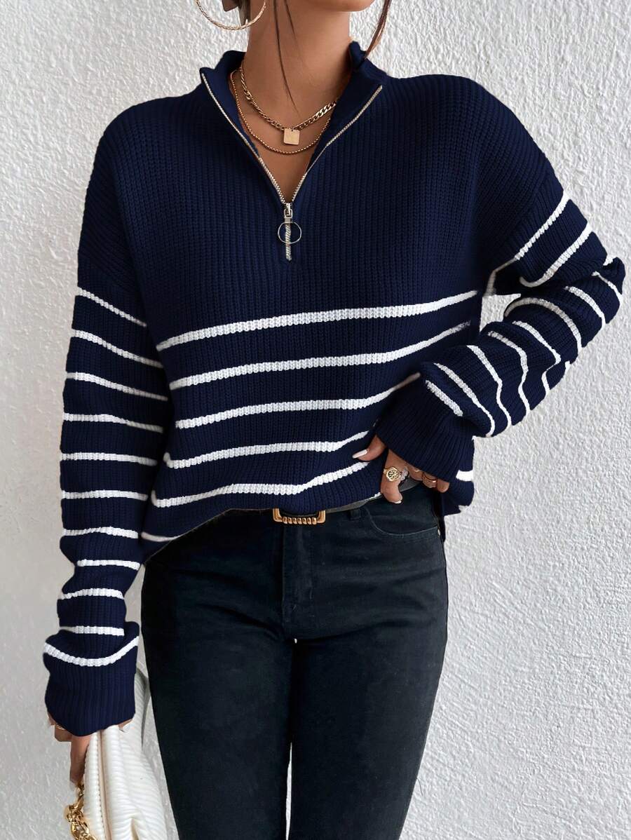 Autumn Striped Zip Up Drop Shoulder Long Sleeve Pullover