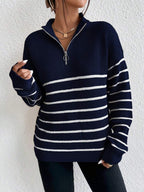 Autumn Striped Zip Up Drop Shoulder Long Sleeve Pullover