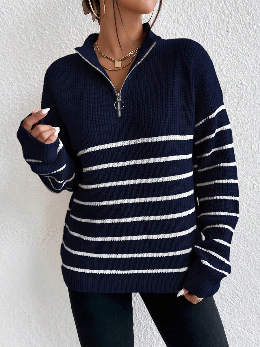 Autumn Striped Zip Up Drop Shoulder Long Sleeve Pullover