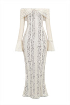 Floral Lace Off Shoulder Flare Sleeve Fishtail Maxi Dresses-White