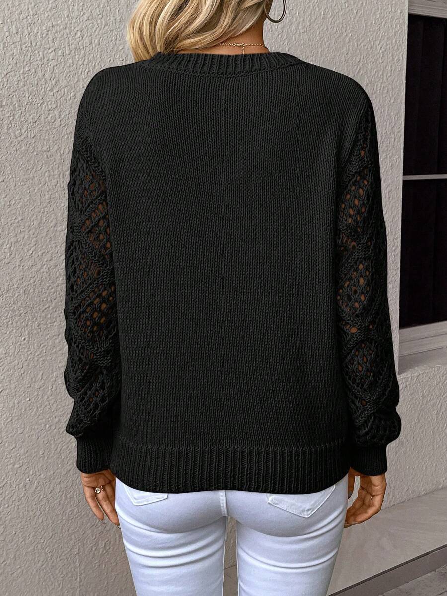 Open Knit V Neck Sweater Drop Shoulder Long Sleeve