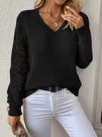 Open Knit V Neck Sweater Drop Shoulder Long Sleeve