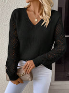 Open Knit V Neck Sweater Drop Shoulder Long Sleeve