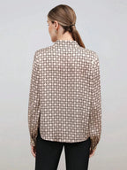 Satin Blouse Allover Print Tie Collar Loose Fit Elegant