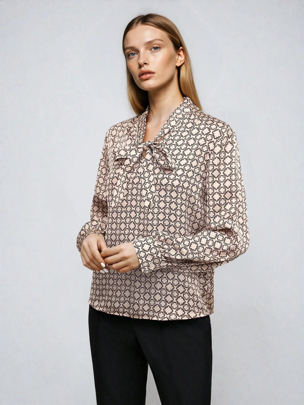 Satin Blouse Allover Print Tie Collar Loose Fit Elegant