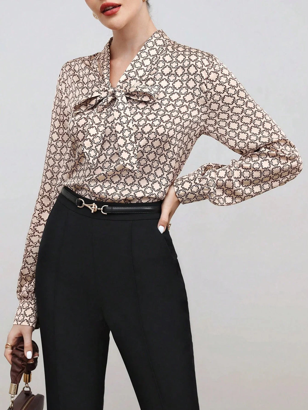 Satin Blouse Allover Print Tie Collar Loose Fit Elegant