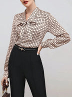 Satin Blouse Allover Print Tie Collar Loose Fit Elegant