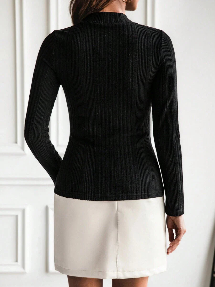 Burgundy Stand Collar Button Detail Slim Fit Long Sleeve Rib Knit Tee For Office And Casual