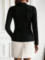 Burgundy Stand Collar Button Detail Slim Fit Long Sleeve Rib Knit Tee For Office And Casual