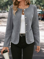 Plaid Woolen Jacket Round Neck Long Sleeve Unlined Warm