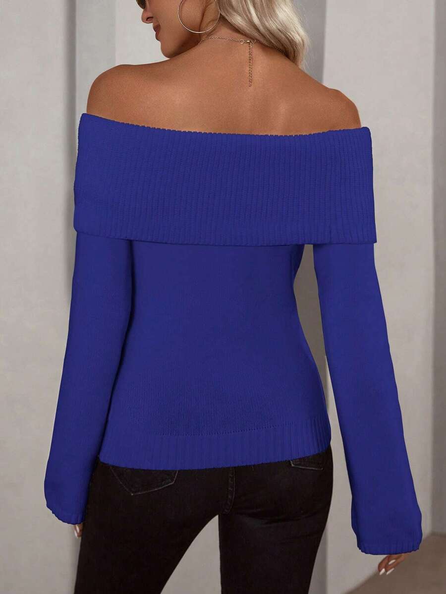 Off Shoulder Foldover Ribbed Knit Jumper