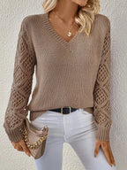Open Knit V Neck Sweater Drop Shoulder Long Sleeve