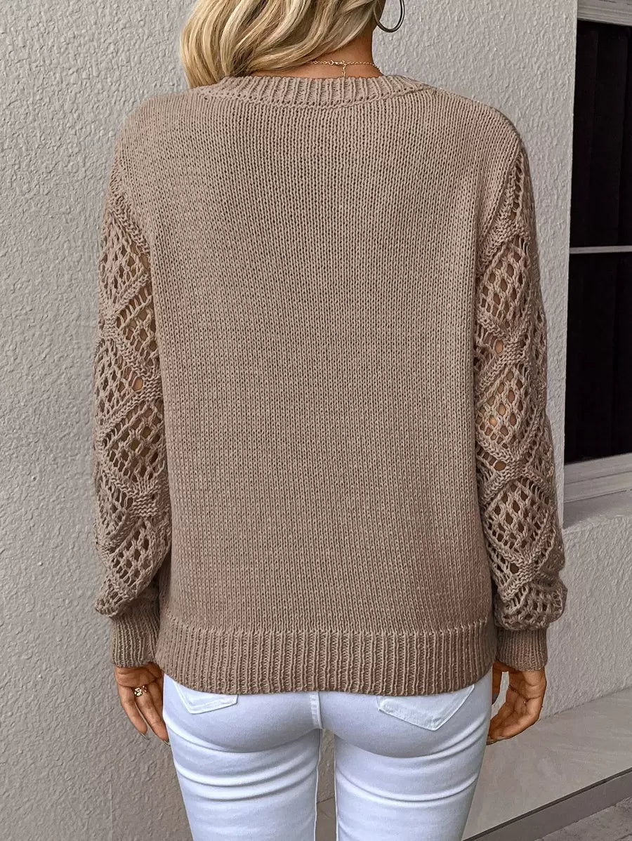 Open Knit V Neck Sweater Drop Shoulder Long Sleeve