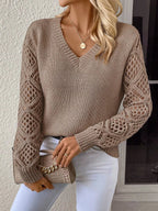 Open Knit V Neck Sweater Drop Shoulder Long Sleeve