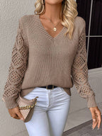 Open Knit V Neck Sweater Drop Shoulder Long Sleeve