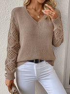 Open Knit V Neck Sweater Drop Shoulder Long Sleeve