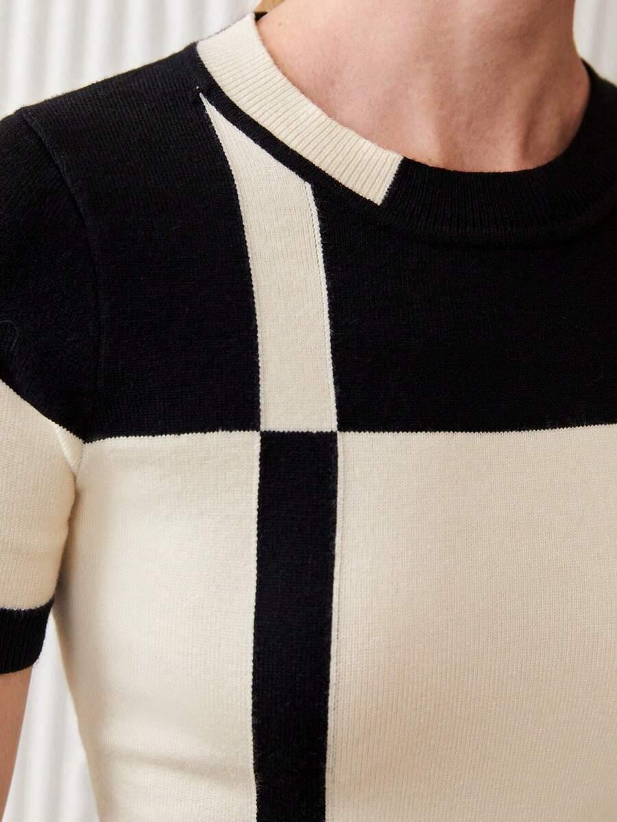 Two Tone Knit Top Short Sleeve Casual Effortless Style