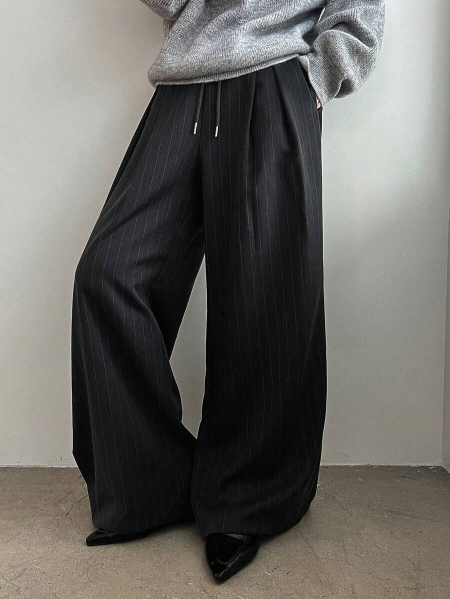 Minimalist Wide Leg Pants For Women Casual Solid Color Long Loose Mid Waist Trousers
