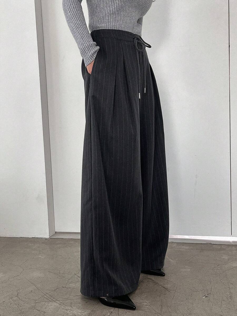 Minimalist Wide Leg Pants For Women Casual Solid Color Long Loose Mid Waist Trousers