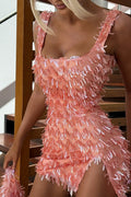 Trendy Tassel Backless Short Cami Split Sequin Dress
