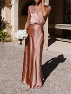 Spring Summer Satin Solid Color V - Neck Fishtail Party Dress