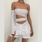 Solid irregular gloves off shoulder drawstring hollow out mini dress