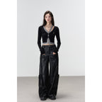 Elegant Black Knit Long Cardigan With Hollow Out Design