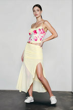 Floral print slim camisole low rise mesh skirt vacation set