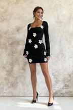 Floral Waist Slim Long Sleeve Bodycon Mini Dress