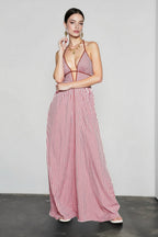 Deep V Striped Halter Vacation Dress